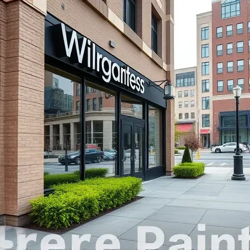 Pristine commercial building exterior in Milwaukee with vibrant paint, modern signage, lush landscaping, and urban surroundings