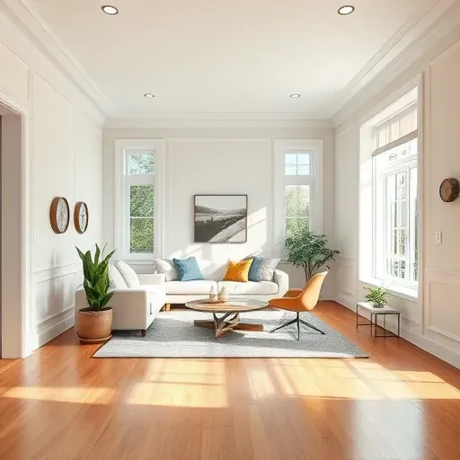 Freshly painted living room in St. Francis WI with sleek walls, natural light, polished floors, elegant molding, and cozy décor