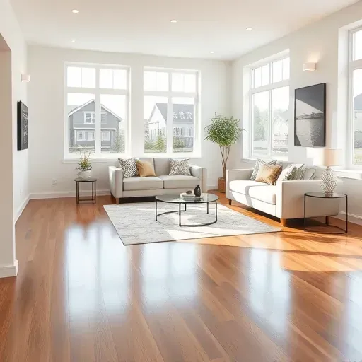 Modern Racine WI living room with neutral walls, hardwood floors, stylish furniture, large windows, and cozy decor