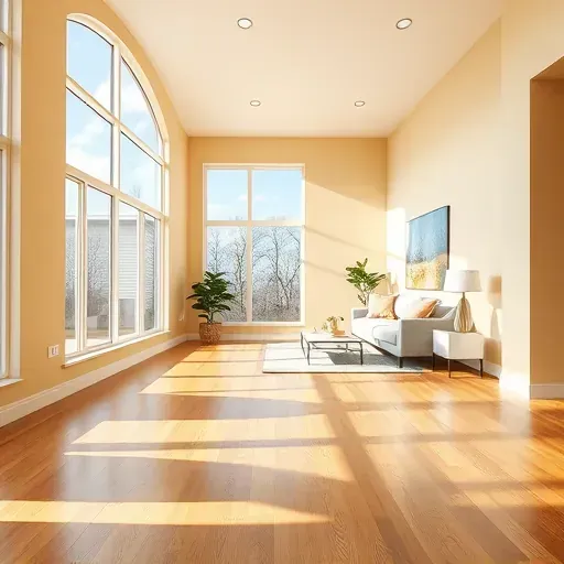 Freshly painted modern living room in Kenosha WI with warm neutral walls, hardwood floors, natural light, and professional details