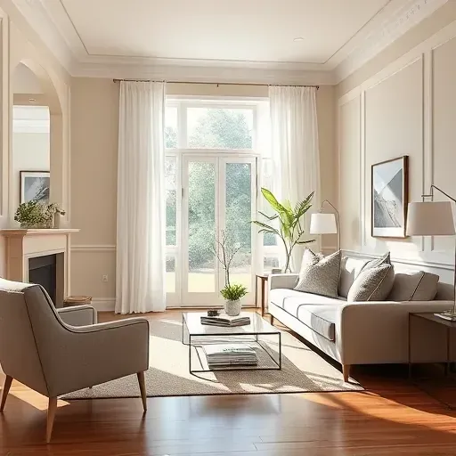 Freshly painted Kenosha living room with taupe walls, white trim, and natural light highlights elegant decor.