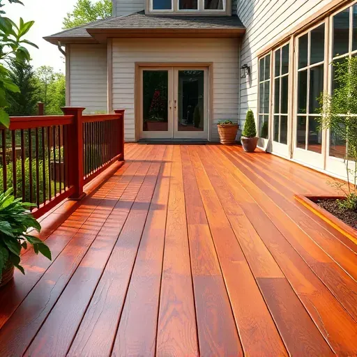 Freshly stained Milwaukee deck showing rich wood tones, detailed grain, lush landscaping, modern home in background
