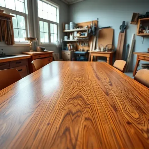 Refinished wooden dining table with polished surfaces and detailed grain in a modern workshop setting with neat tools and natural light