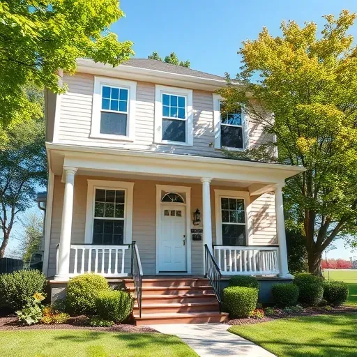 A freshly painted beige two-story house in Brown Deer WI, featuring white trim and surrounded by lush green landscaping.