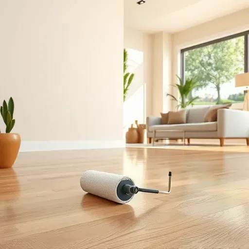 Freshly painted light beige interior wall in a modern Wisconsin living room with a polished hardwood floor and stylish decor