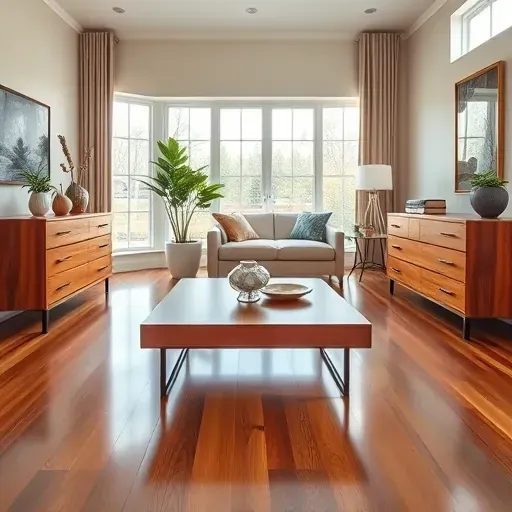 Refined living room with polished wooden coffee table and sideboards, natural lighting, neutral decor, hardwood floors, Milwaukee based