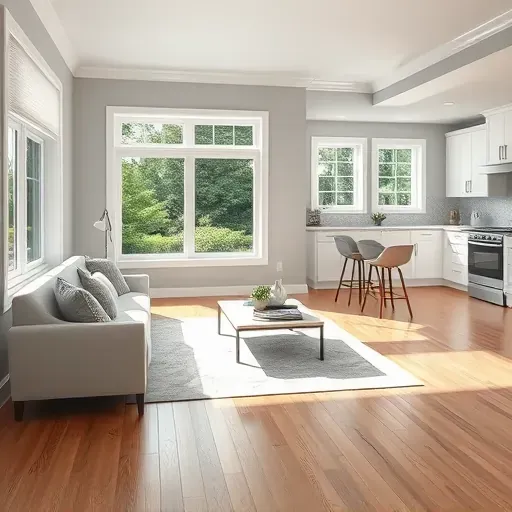 Freshly painted modern living room in Menomonee Falls WI with light gray walls, white trim, hardwood floors, and natural light.
