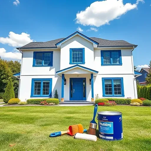 Completed painting project in Germantown WI, featuring a bright white house with blue trim and organized painting tools.