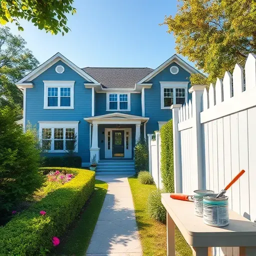 Completed painting project in Pleasant Prairie WI featuring a blue home with white trim, vibrant flowers, and lush landscaping.