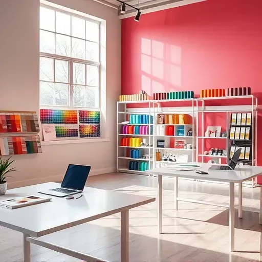 Vibrant modern color consultation studio in Milwaukee with well-lit space, color swatches, digital tools, and organized design materials