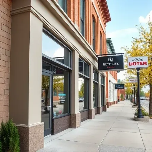 Brightly painted Milwaukee commercial building exterior with clean facade, manicured landscaping, and modern signage under clear sky
