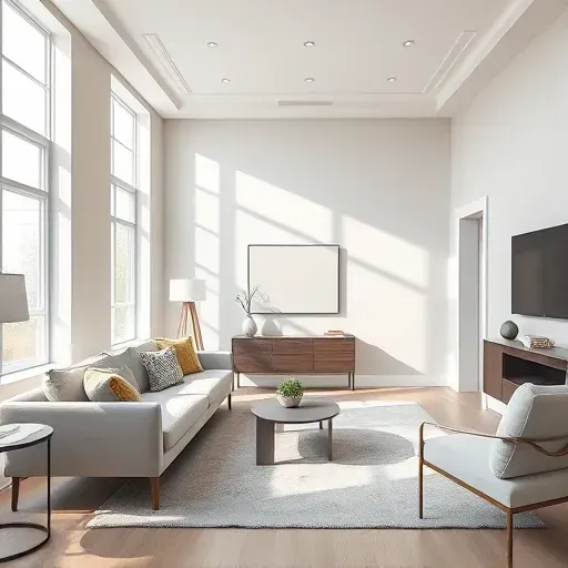 Freshly painted modern living room with beige walls, natural light, sleek furniture, and elegant crown molding in Shorewood WI