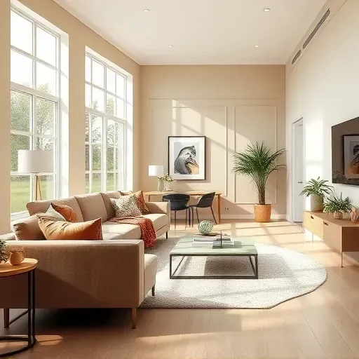 Modern living room in West Allis, WI, featuring neutral tones, natural light, and stylish furniture in a clean layout