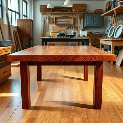 Refinished wooden dining table with detailed grain and glossy finish in a modern workshop with organized tools and natural light