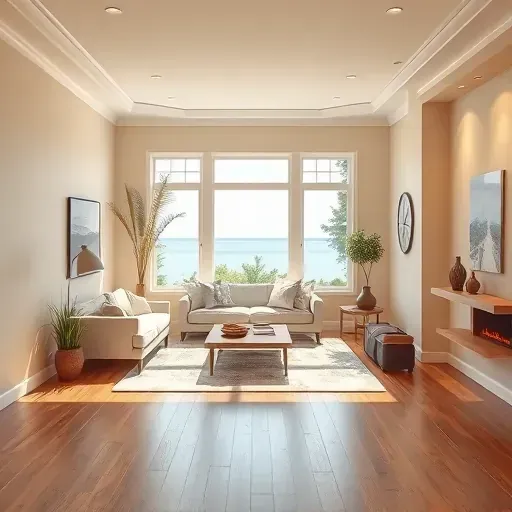 Freshly painted modern living room in Bayside Wisconsin with neutral walls, polished hardwood flooring, large windows showing greenery and Lake Michigan