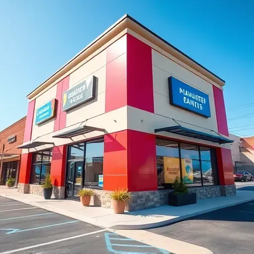 Brightly painted modern commercial building in Milwaukee with glossy facade, large windows, tidy landscape, and clear blue sky
