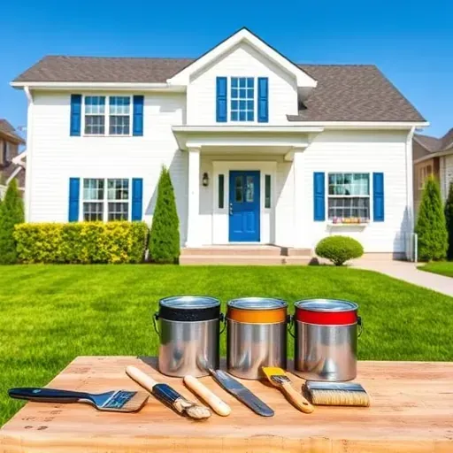 Freshly painted home exterior in St. Francis, WI, showcasing white siding and navy blue accents with painting tools nearby.