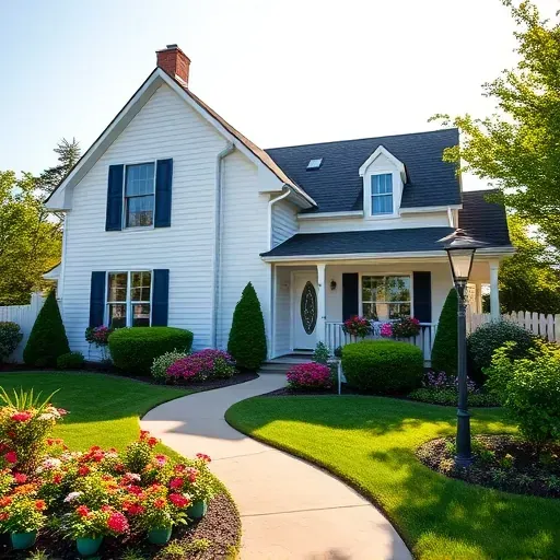 Freshly painted colonial home in Waterford WI with white siding, blue shutters, vibrant lawn, and blooming flowers.
