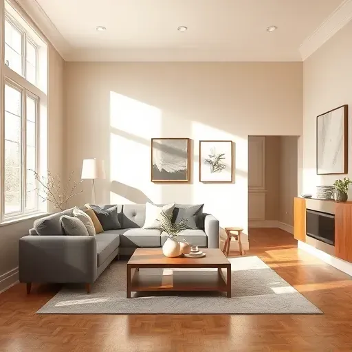 Interior of a freshly painted modern living room with beige walls, elegant furniture, natural light, and polished hardwood floors