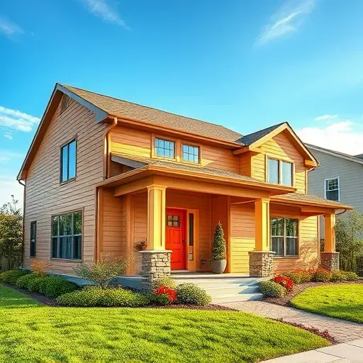 Brightly painted Milwaukee home with smooth earth-tone siding, modern details, lush landscaping, and clear sky background