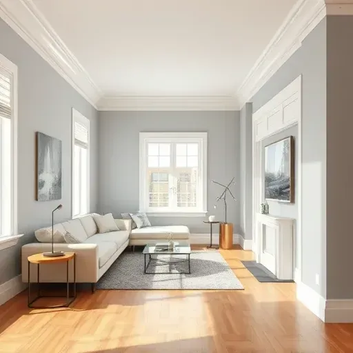 Freshly painted light gray interior in Milwaukee with white trim, modern decor, and polished hardwood flooring.