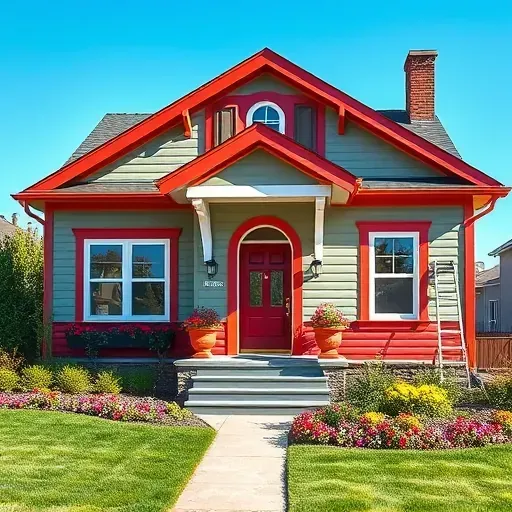 Freshly painted residence in Caledonia WI with vibrant colors, modern architecture, and landscaped yard under clear blue skies.