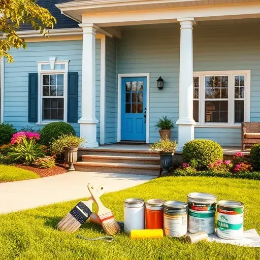 Completed painting project in Cedarburg, WI featuring pale blue home exterior and white trim with vibrant landscaping.