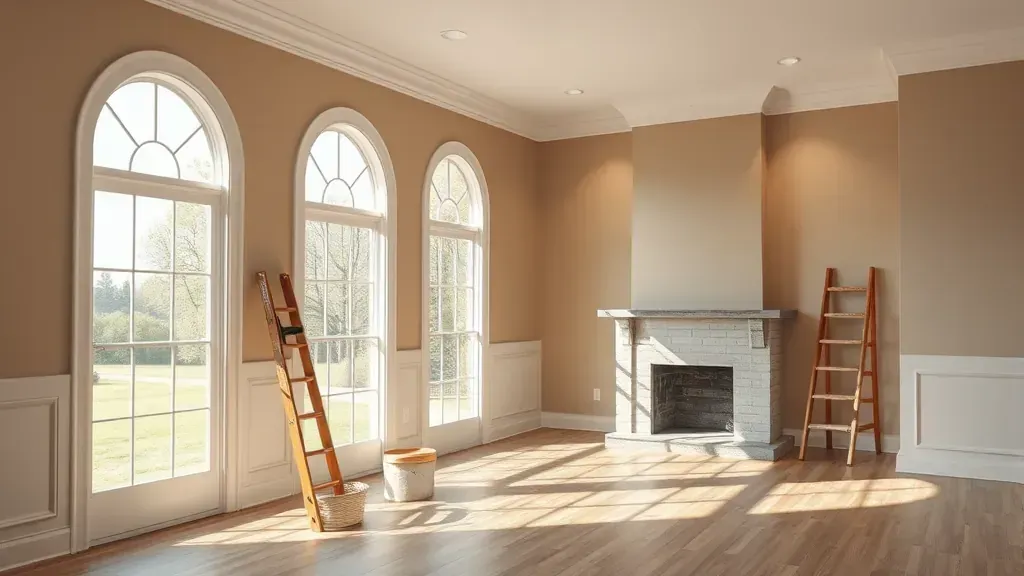 Painting Contractor in Thiensville WI with professional tools and freshly painted walls in background.