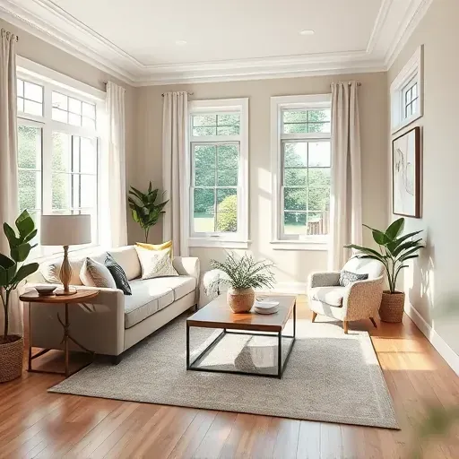 Cozy Pewaukee living room with neutral walls, crown molding, elegant decor, and bright natural light from large windows.