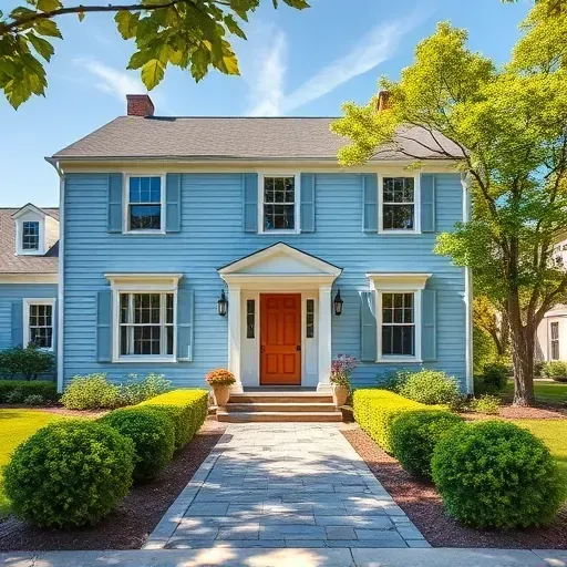 Beautifully painted colonial house in Franklin WI with white trim, vibrant flowers, and a welcoming front door.