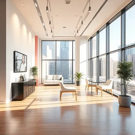 Freshly painted modern commercial interior in Milwaukee with sleek walls, stylish accent colors, natural light, and urban city views