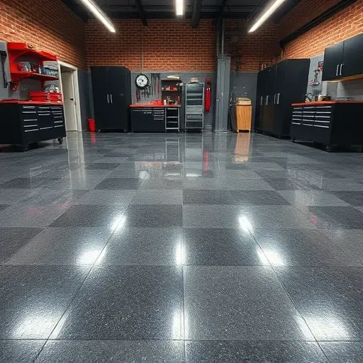 Glossy charcoal gray epoxy garage floor with geometric pattern, metallic flecks, organized tools, and industrial background in Milwaukee