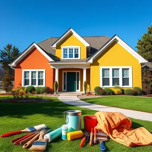 Beautifully painted modern home in River Hills WI, showcasing vibrant colors, lush landscaping, and professional tools.