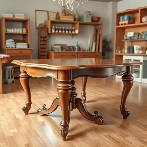 Refinished polished wooden dining table in a tidy workshop with tools, warm lighting, and hardwood floors in Milwaukee