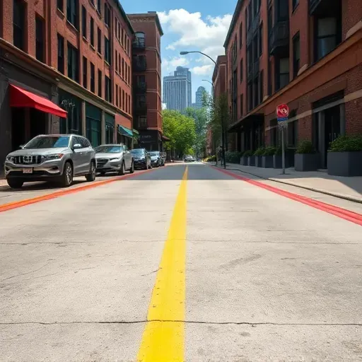 Freshly painted vibrant street markings on a Milwaukee road with brick buildings, parked cars and greenery in natural sunlight
