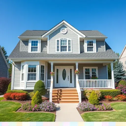 Freshly painted gray and white suburban home in Thiensville, WI, with vibrant landscaping and clear blue sky.