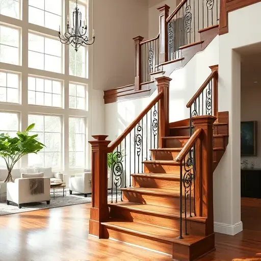 Polished mahogany staircase with wrought iron railing, detailed wood grain, natural light, modern upscale interior in Milwaukee