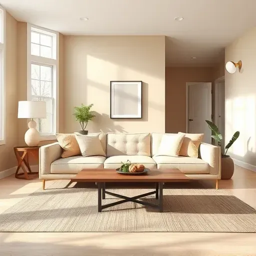 Freshly painted light taupe modern living room in Caledonia WI with natural sunlight, sleek furniture, and stylish decor.