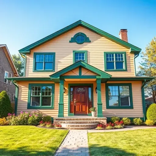 Freshly painted house in Sussex, WI features beige siding, green trim, and vibrant landscaping under a clear blue sky.