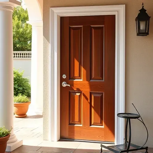 Freshly painted mahogany door and white window frame on sunlit patio with potted plants and brick paving
