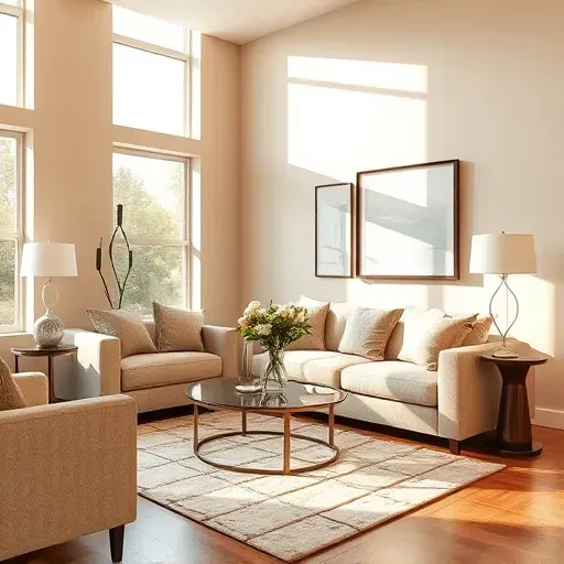 Freshly painted modern living room in Muskego, warm neutral tones, plush sofa, elegant decor, natural light, polished atmosphere.