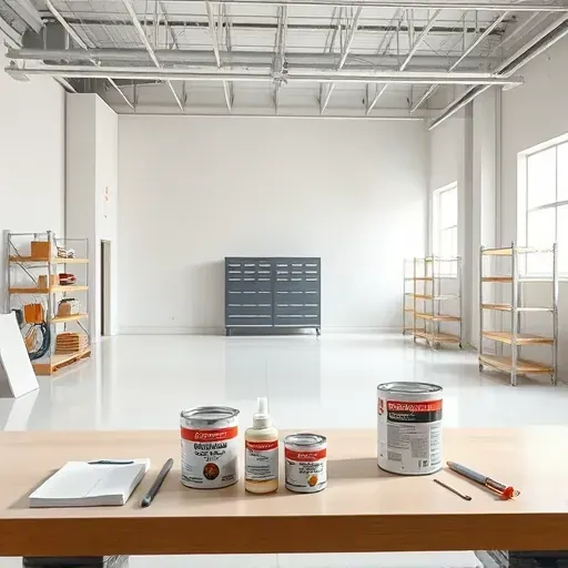 Interior workspace with sealed pristine walls, organized tools, primer cans, and bright natural light showing professional surface sealing