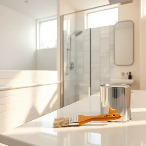 Freshly painted beige and white bathroom wall with sleek tools in Milwaukee showcasing professional craftsmanship and detail.