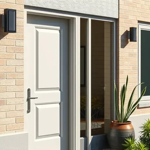 Close-up of freshly painted door and window frames on a modern Milwaukee home with smooth surfaces, clean lines, neutral brick wall, and natural lighting