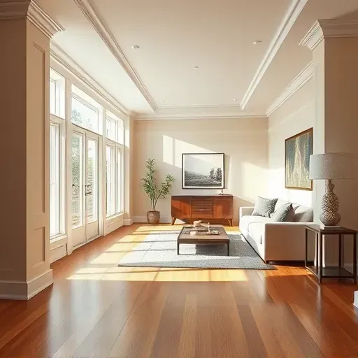 Freshly painted modern living room in Mequon Wisconsin featuring neutral wall colors, flawless finishes, elegant molding and natural light