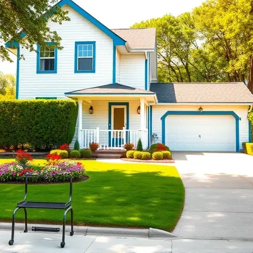 Freshly painted two-story home in Shorewood WI with white siding, blue trim, manicured lawn, and colorful flower beds.