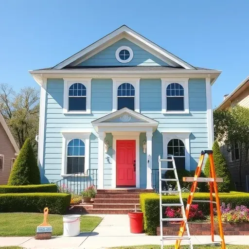 Beautifully painted two-story home in Waterford WI with soft blue façade and vibrant coral door, lush landscaping enhances appeal.