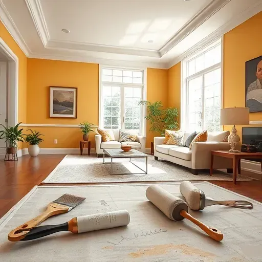 Transformed living room in Burlington WI with freshly painted walls, tools, and cozy furnishings showcasing craftsmanship.