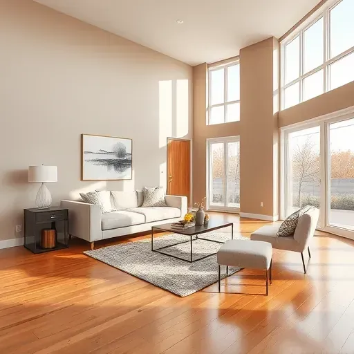 Modern Mequon living room with neutral taupe walls, polished hardwood floors, tasteful decor, natural light, and stylish furnishings