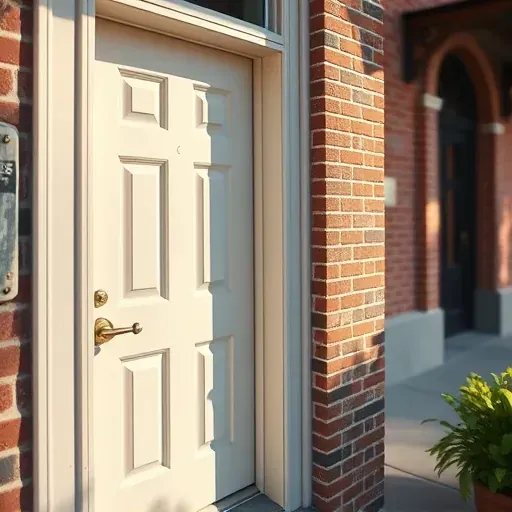 Close-up of a freshly painted door and window frame in Milwaukee with smooth, even paint strokes, sunlight highlight, and urban brick background